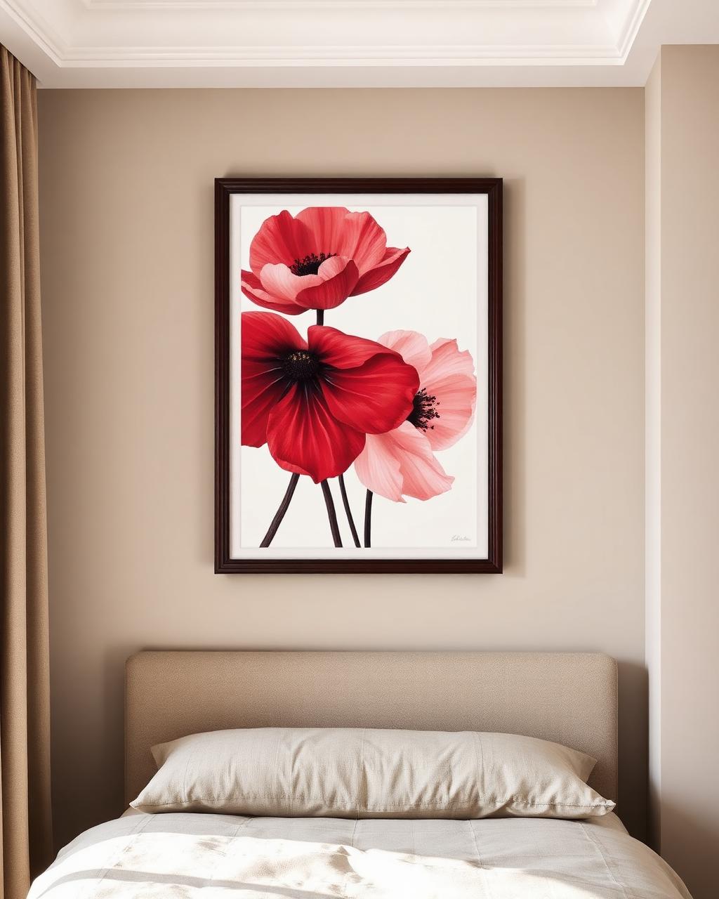 Gerahmtes florales Kunstwerk über einem Bett