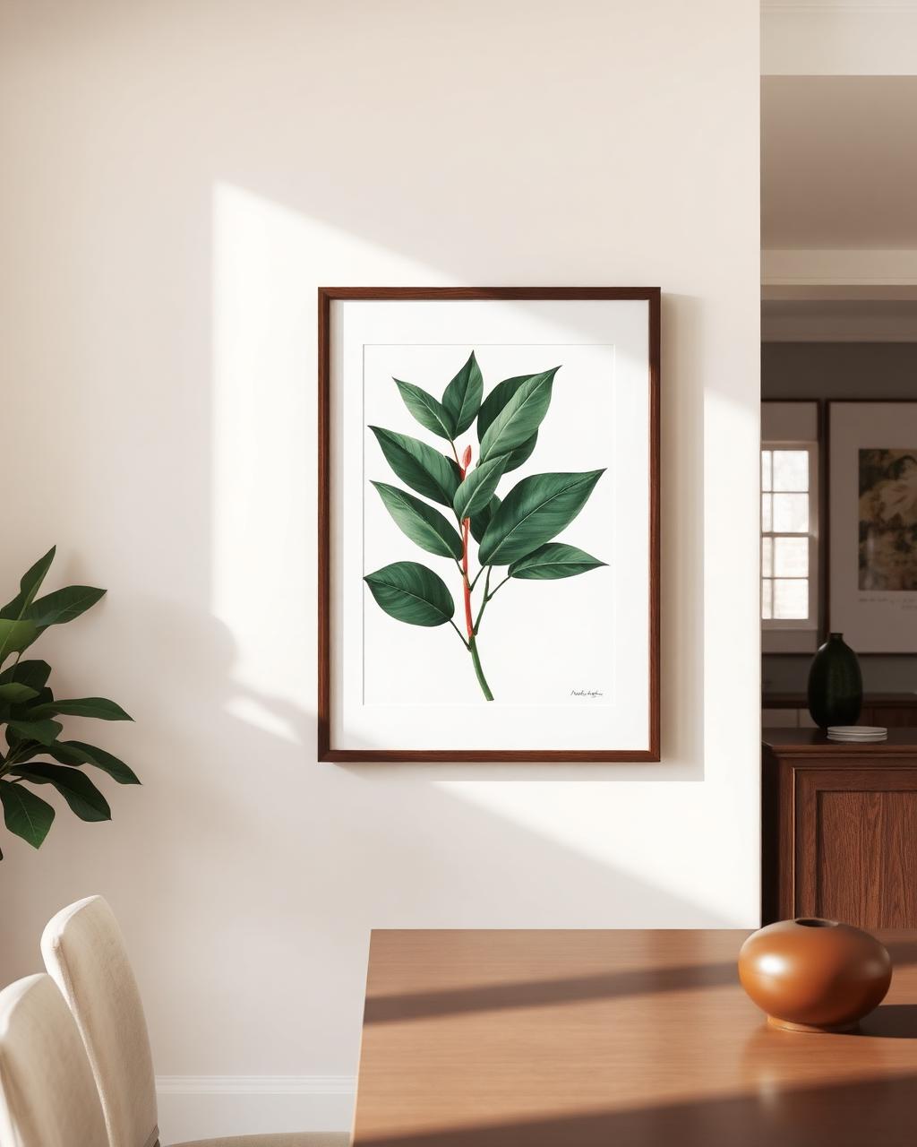 Gerahmtes botanisches Kunstwerk in einem hellen Esszimmer