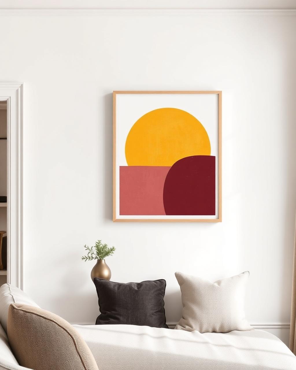 Gerahmtes geometrisches Sonnenmotiv über einem Sofa