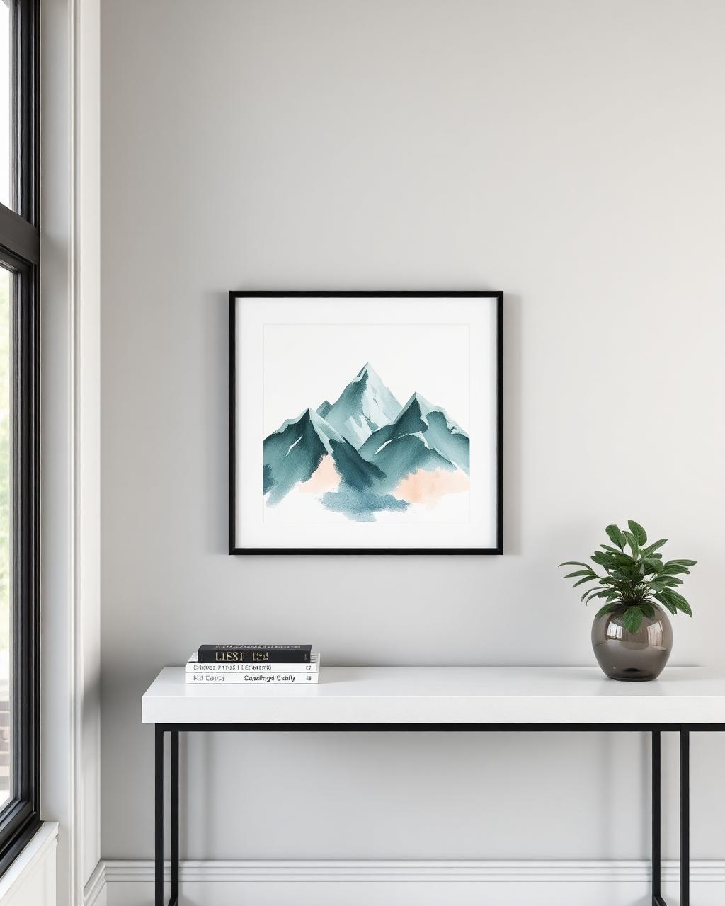 Gerahmtes aquarelliertes Bergmotiv über einem Schreibtisch