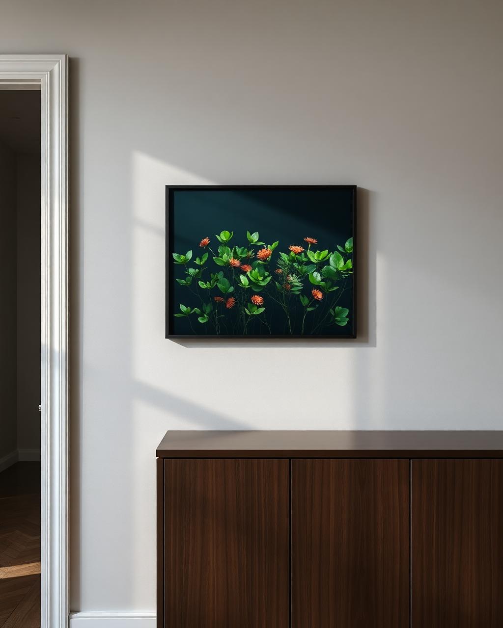 Gerahmter nächtlicher Garten über einem Sideboard